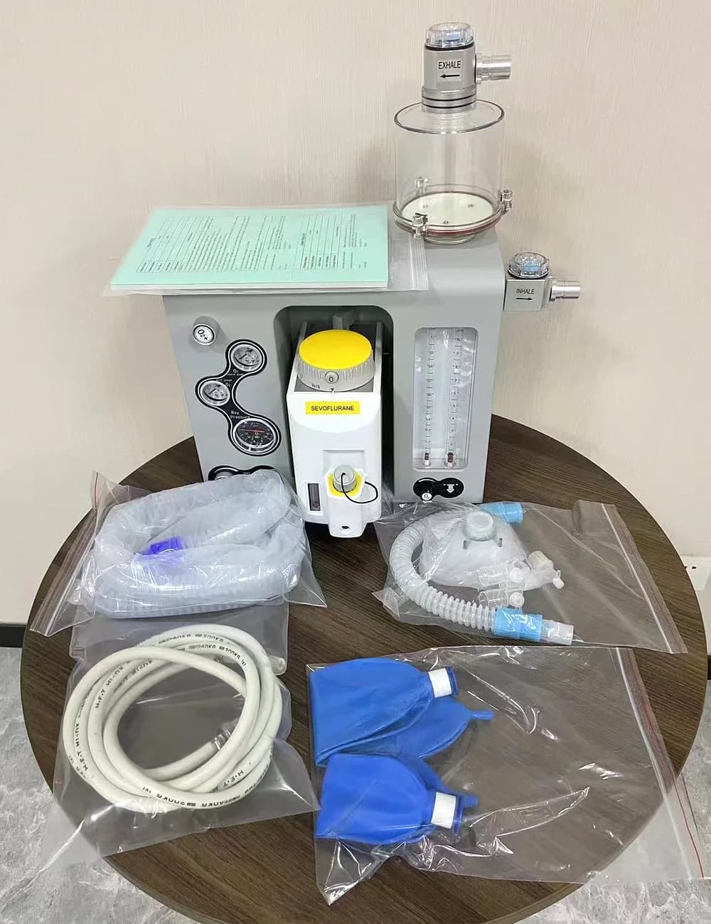 Breathing circuits, masks and connectors laid out for checking